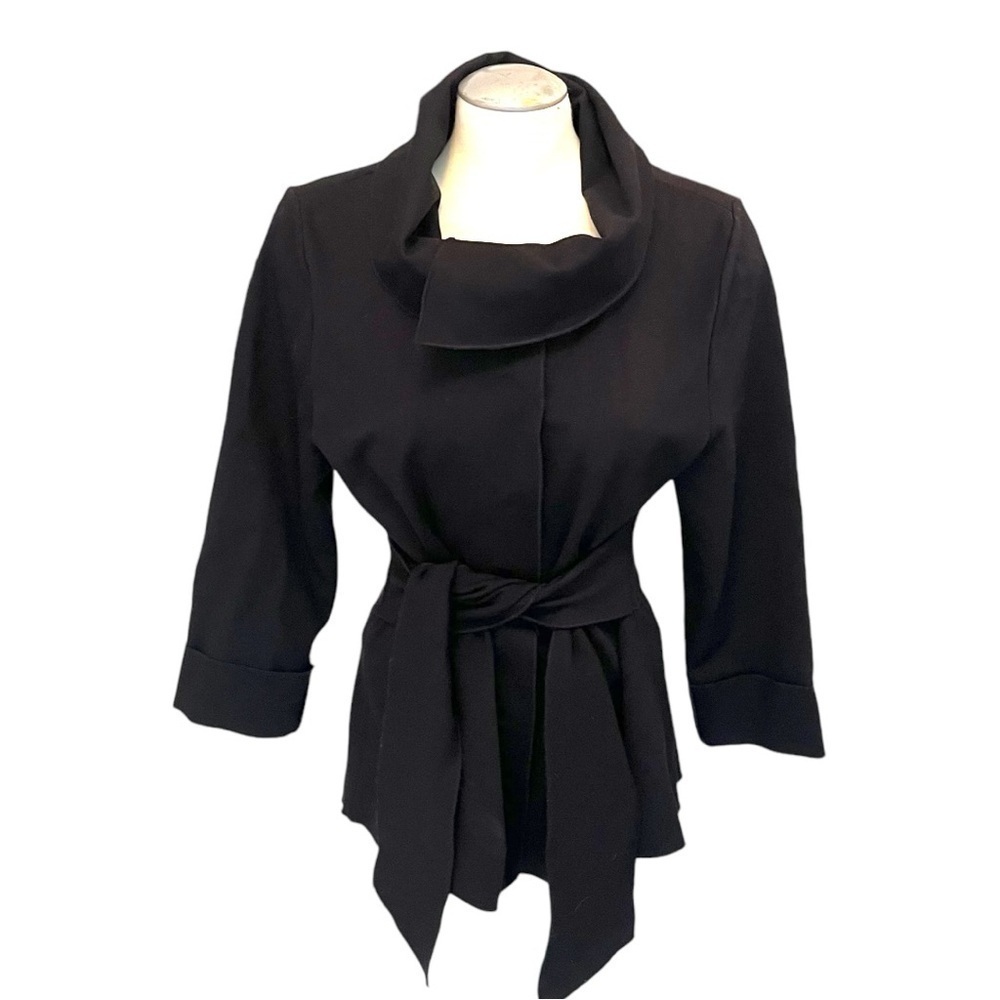 Luii Belted Snap Front Blazer Jacket with High Asymmetric Neck in Black